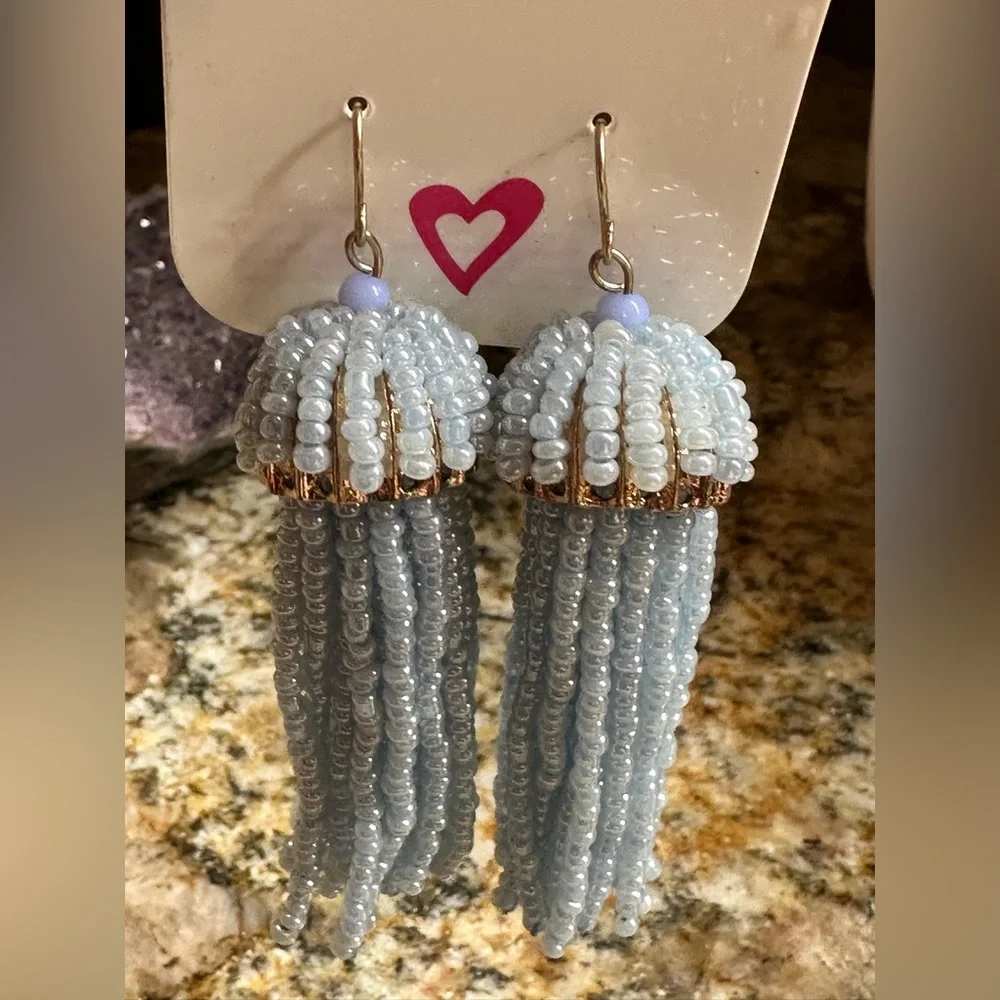 Gold Blue Bead Tassel Dangle Earrings - Picture 5 of 9